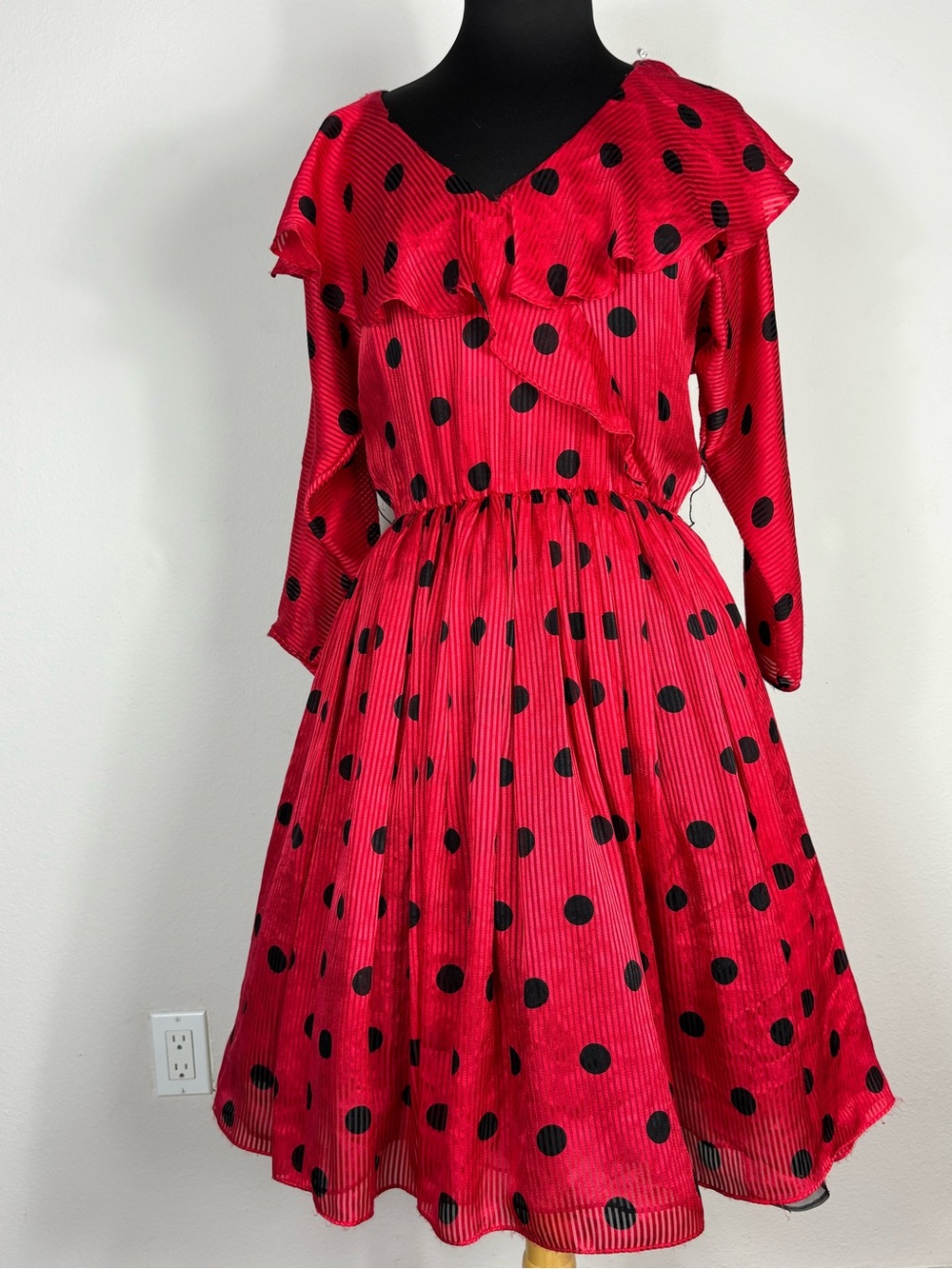 Vintage Liz Claiborne 100% Silk Red Black Polka Dot Ruffle Party Dress Sz 12